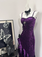 Pretty Spaghetti Straps Purple Velvet Ruffle Prom Dresses Birthday Prom Dresses