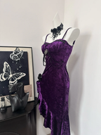Pretty Spaghetti Straps Purple Velvet Ruffle Prom Dresses Birthday Prom Dresses