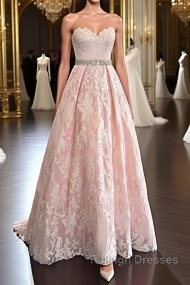 Pretty Sweetheart Neck Pink Lace Prom Dresses, Pink Evening Dresses