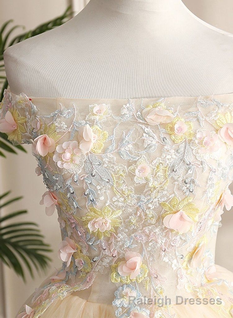Pretty Tulle Champagne Off Shoulder  Prom Dress, Flowers Lace Formal Dress Secondary image