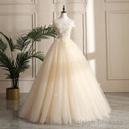 Pretty Tulle Champagne Off Shoulder  Prom Dress, Flowers Lace Formal Dress