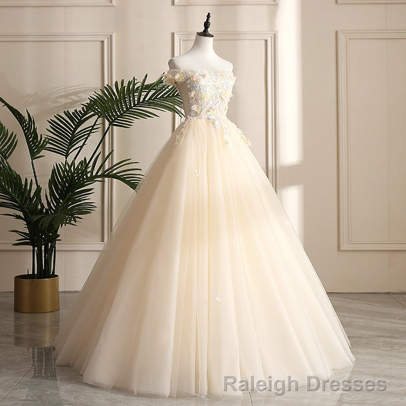 Pretty Tulle Champagne Off Shoulder  Prom Dress, Flowers Lace Formal Dress