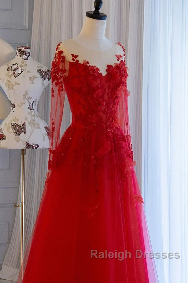 Pretty Tulle Long Prom Dress With Applique,Red Party Dress Formal Evening Dress Secondary image