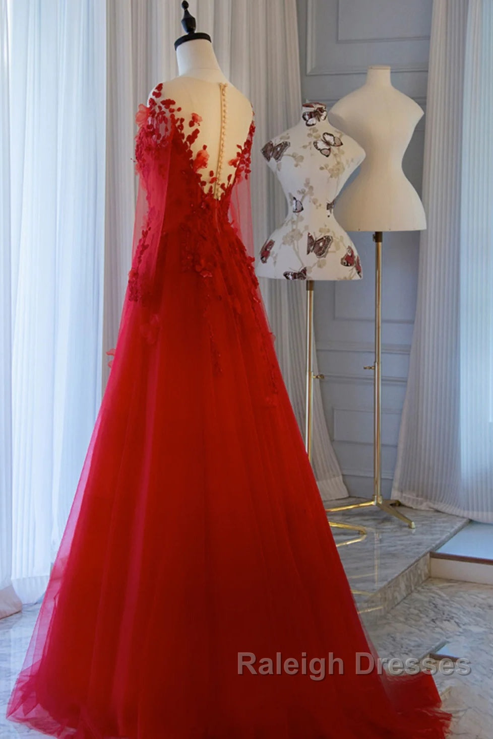 Pretty Tulle Long Prom Dress With Applique,Red Party Dress Formal Evening Dress