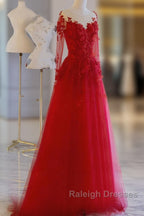 Pretty Tulle Long Prom Dress With Applique,Red Party Dress Formal Evening Dress