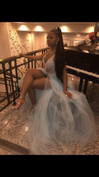 Pretty V Neck Lace Prom Dresses Split Slit Prom Dresses