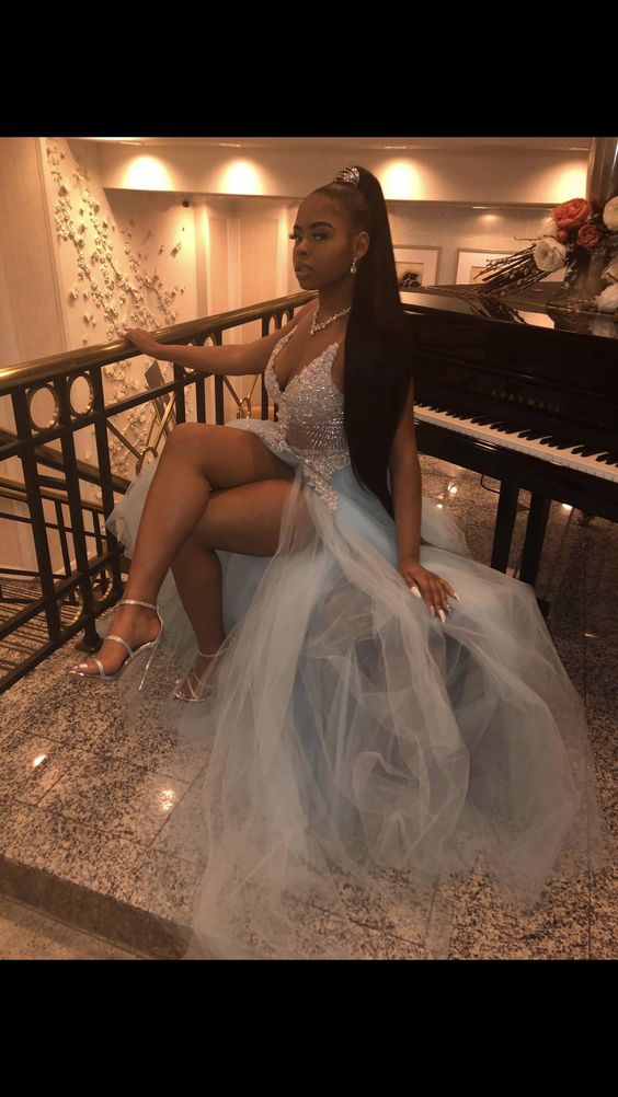 Pretty V Neck Lace Prom Dresses Split Slit Prom Dresses Main image