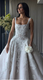 Pretty Wedding Dresses Ball Gowns Square Neck Lace White Wedding Dress Bridal Gown