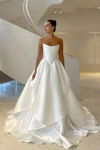 Pretty Wedding Dresses Ball Gowns Strapless White Satin Long Wedding Dress Bridal Gown