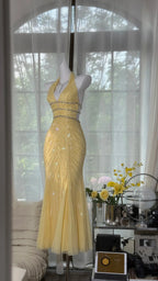 Pretty Yellow Sequin Halter Neck Backless Mermaid Formal Prom Dress