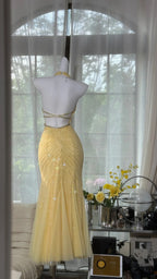 Pretty Yellow Sequin Halter Neck Backless Mermaid Formal Prom Dress