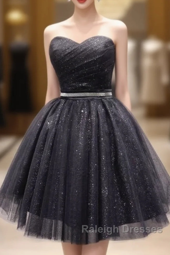 Princess A-Line Black Prom Dresses With Sweetheart And Lace Up Back Homecoming Dresses