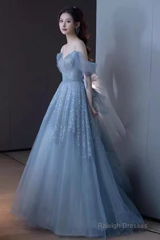 Princess A Line Blue Sequin Long Prom Dresses Secondary image