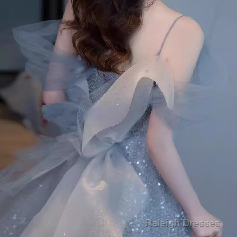 Princess A Line Blue Sequin Long Prom Dresses