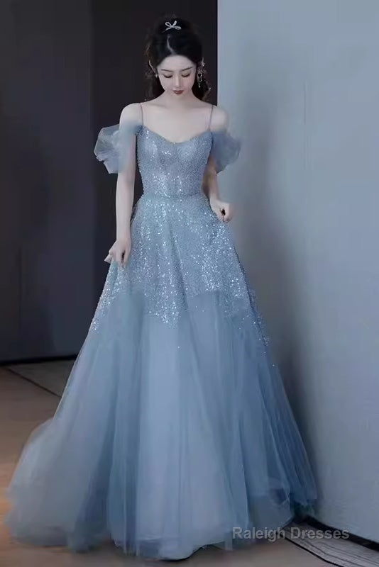 Princess A Line Blue Sequin Long Prom Dresses