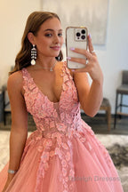 Princess A Line Deep V Neck Blush Long Prom Dress with Appliques