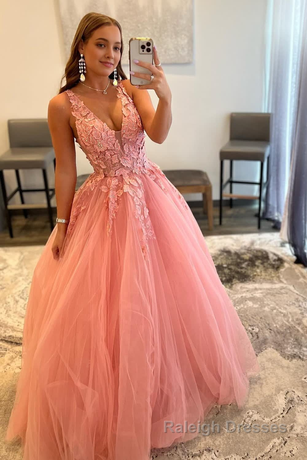 Princess A Line Deep V Neck Blush Long Prom Dress with Appliques Main image