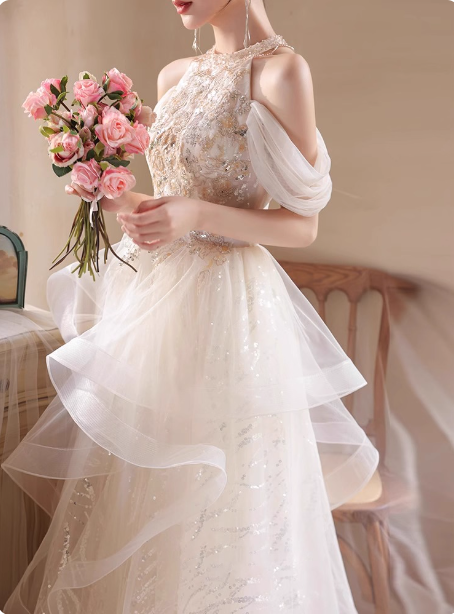 Princess A-Line Halter Neck Sequin Embroidered Tiered Tulle Long Formal Prom Dress Secondary image