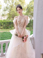 Princess A-Line Halter Neck Sequin Embroidered Tiered Tulle Long Formal Prom Dress