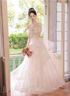 Princess A-Line Halter Neck Sequin Embroidered Tiered Tulle Long Formal Prom Dress