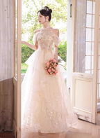 Princess A-Line Halter Neck Sequin Embroidered Tiered Tulle Long Formal Prom Dress