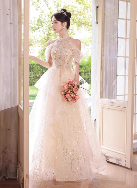 Princess A-Line Halter Neck Sequin Embroidered Tiered Tulle Long Formal Prom Dress