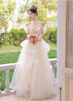 Princess A-Line Halter Neck Sequin Embroidered Tiered Tulle Long Formal Prom Dress
