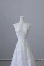 Princess A Line High Neckline White Lace Long Wedding Dresses Brides Dress