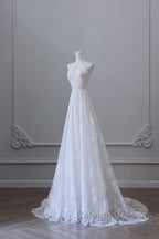 Princess A Line High Neckline White Lace Long Wedding Dresses Brides Dress