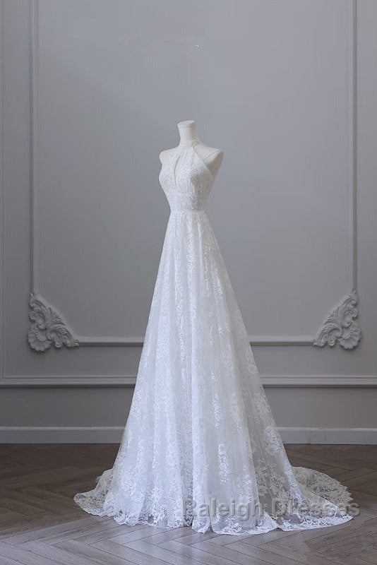 Princess A Line High Neckline White Lace Long Wedding Dress Brides Dresses