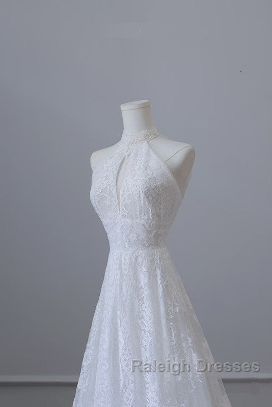 Princess A Line High Neckline White Lace Long Wedding Dresses Brides Dress