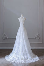 Princess A Line High Neckline White Lace Long Wedding Dresses Brides Dress