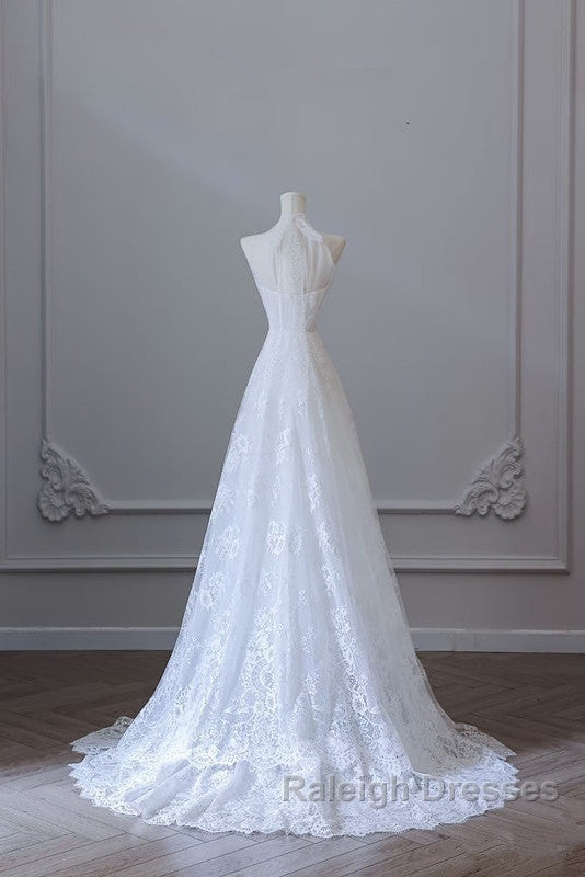 Princess A Line High Neckline White Lace Long Wedding Dresses Brides Dress