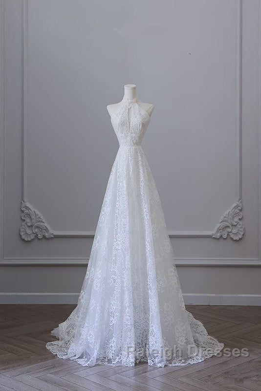 Princess A Line High Neckline White Lace Long Wedding Dresses Brides Dress