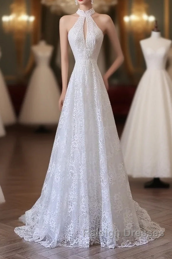 Princess A Line High Neckline White Lace Long Wedding Dresses Brides Dress