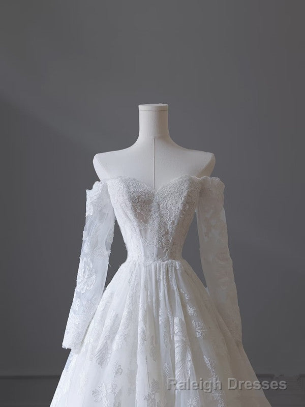 Princess A line Off The Shoulder White Lace Long Wedding Dresses Brides Dress