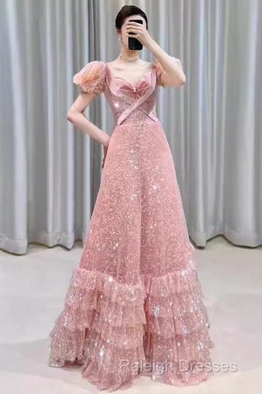 Princess A-Line Pink Short Sleeves Sequin Long Prom Dress Secondary image
