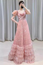 Princess A-Line Pink Short Sleeves Sequin Long Prom Dress