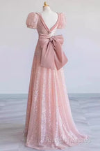 Princess A-Line Pink Short Sleeves Sequin Long Prom Dress