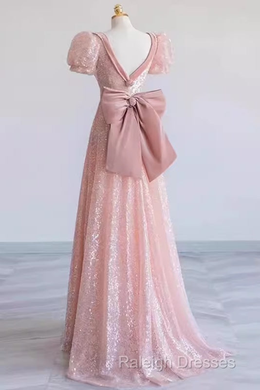 Princess A-Line Pink Short Sleeves Sequin Long Prom Dress