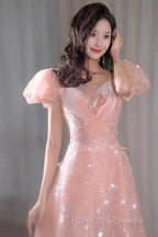 Princess A Line Pink Short Sleeves Sequin Long Prom Dresses