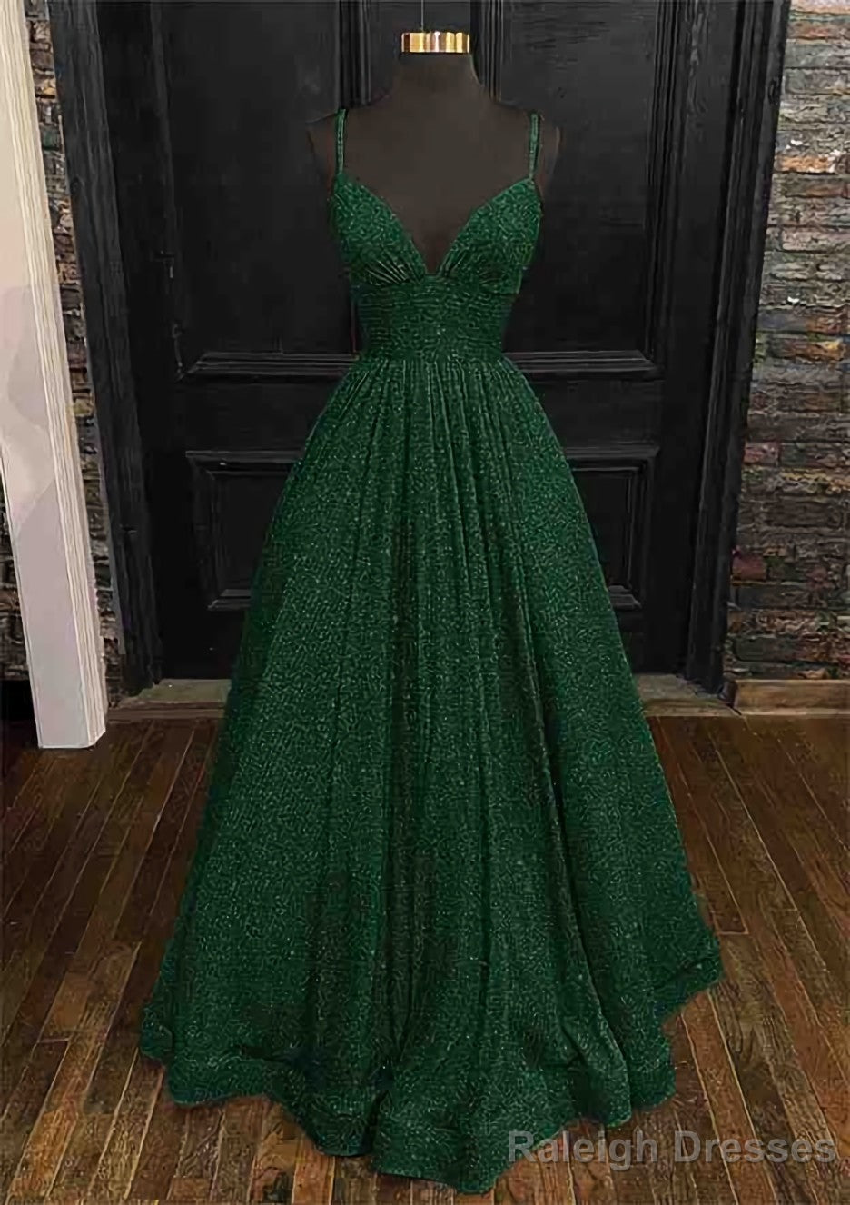Princess A Line V Neck Spaghetti Straps Long Dress Floor Length Sequined Prom Dress With Pleated
