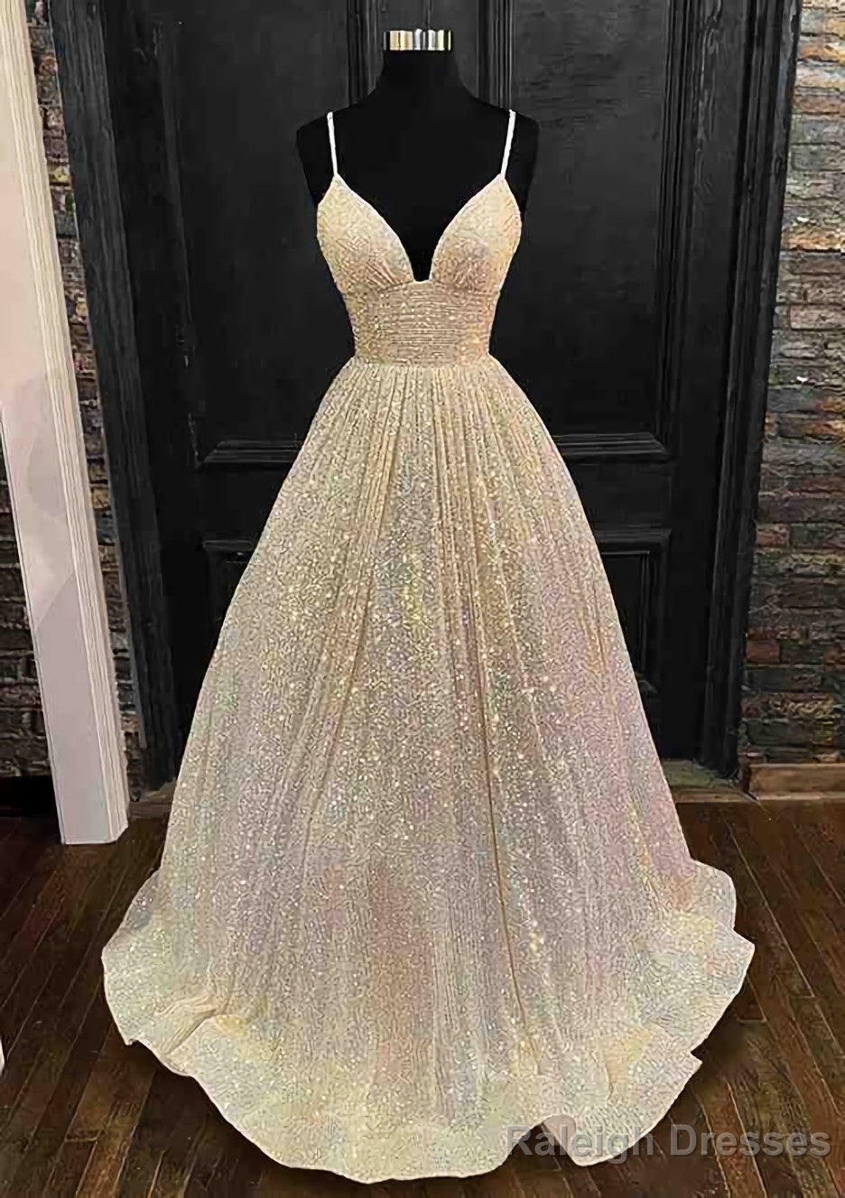 Princess A Line V Neck Spaghetti Straps Long Dress Floor Length Sequined Prom Dress With Pleated