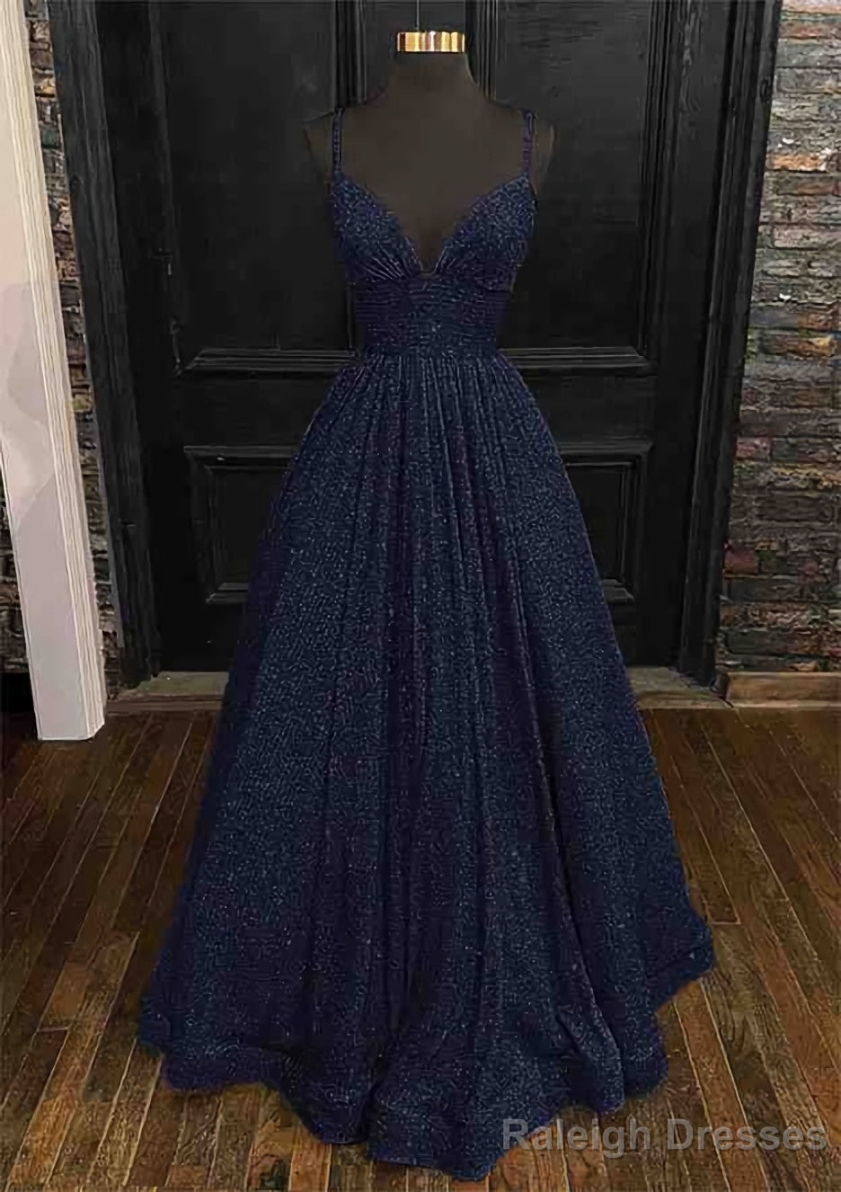 Princess A Line V Neck Spaghetti Straps Long Dress Floor Length Sequined Prom Dress With Pleated Secondary image
