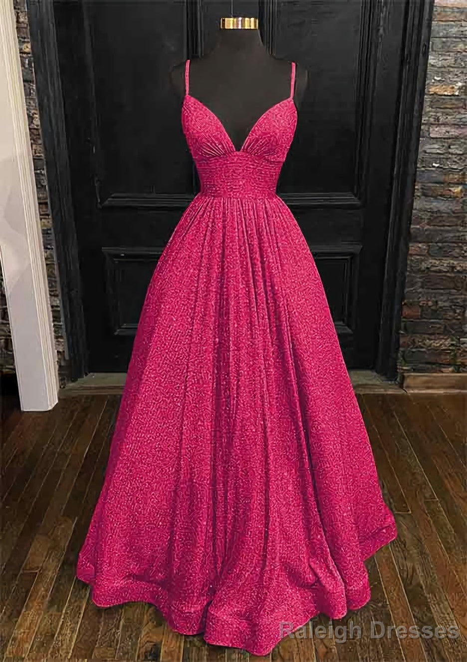 Princess A Line V Neck Spaghetti Straps Long Dress Floor Length Sequined Prom Dress With Pleated