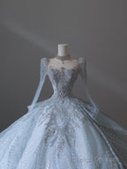 Princess Ball Gown Scoop Neckline Long Sleeves Sequin Light Sky Blue Long Wedding Dresses Brides Dress