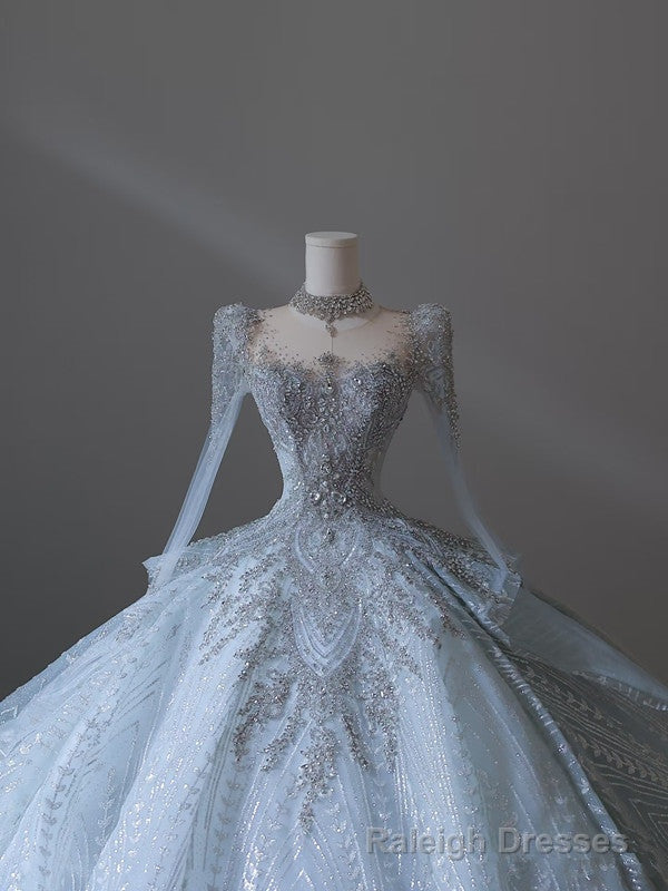 Princess Ball Gown Scoop Neckline Long Sleeves Sequin Light Sky Blue Long Wedding Dresses Brides Dress