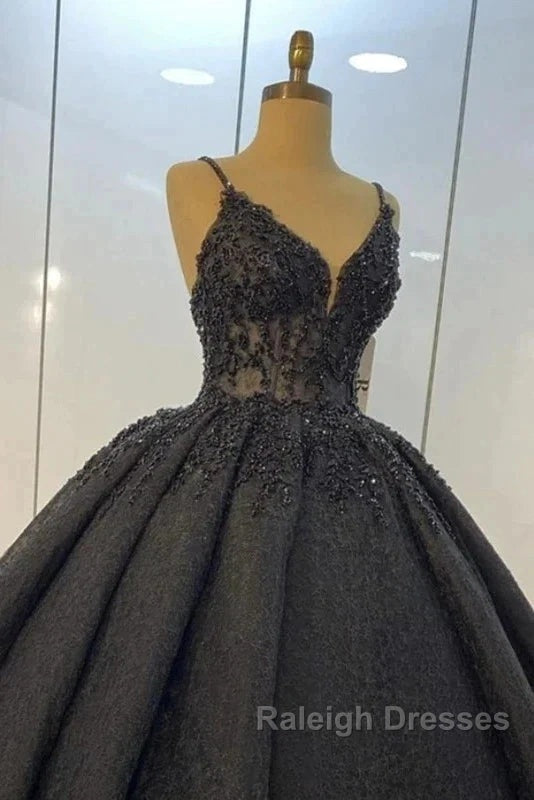 Princess Ball Gown Spaghetti Straps Beaded Black Wedding Dress Secondary image