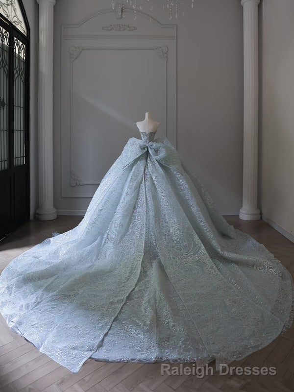 Princess Ball Gowns Strapless Neckline Long Sequin Light Sky Blue Long Wedding Dresses Brides Dress