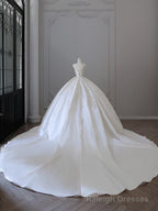 Princess Ball Gown Strapless Sleeveless Pleats White Satin Lace Wedding Dress Bridal Dresses